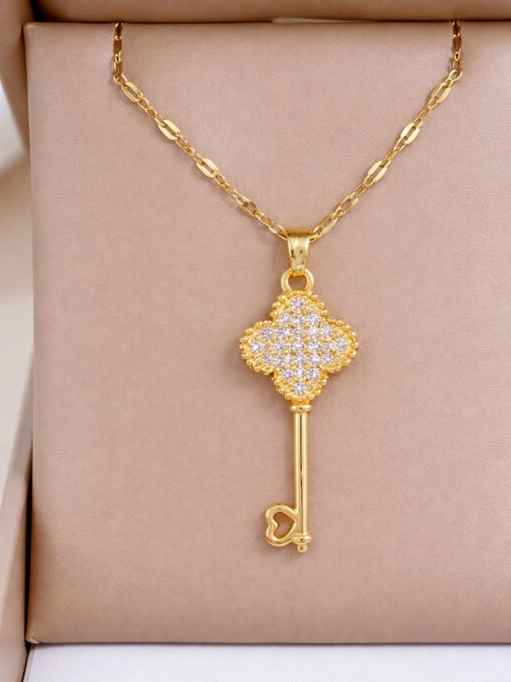 Gold Crystal Key Pendant Necklace for Women